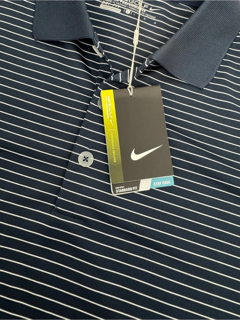NWT Nike Men’s L Golf Dri Fit Navy Blue White Striped Polo Shirt 585748-419